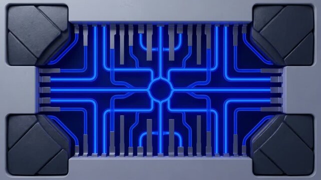 4分割のシリコンパネルが開きウルトラマリンブルーに輝く量子暗号コアが現れる、俯瞰視点の抽象CG背景