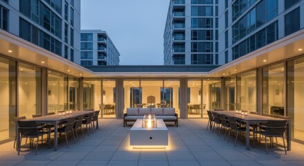 Fototapeta premium Courtyard Patio with Fire Pit and Dining Tables in a Modern Luxury Apartment Complex at Dusk