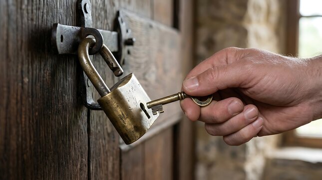 Close-up of a person's hand unlocking an old brass padlock on a rustic wooden door