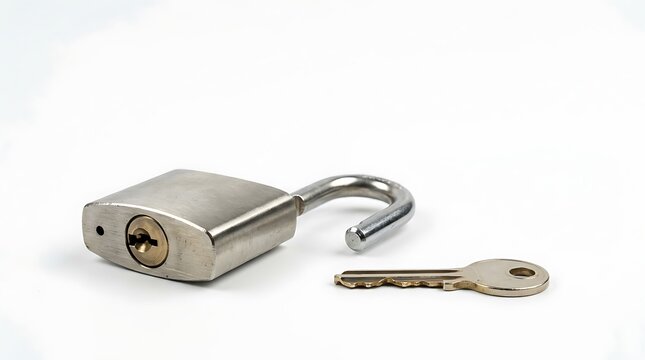 Unlocking security A shiny metallic padlock lies open next to its small key, symbolizing access and protection