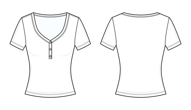V-Neck Henley Knit Top Technical Fashion Illustration. Button Placket Slim Fit Ribbed T-Shirt Vector Template. Front and Back View. Women&rsquo;s Apparel. Rib Knit. CAD Mockup Set.