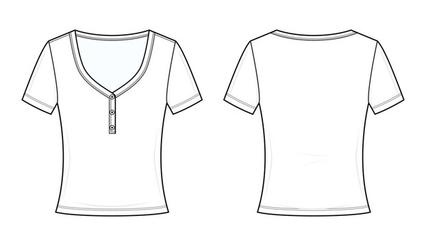 V-Neck Placket T-Shirt Technical Fashion Illustration. Short Sleeve Fitted Top with Center Front Tab Vector Template. Front and Back View. Women&rsquo;s Apparel. Jersey Knit. CAD Mockup Set.