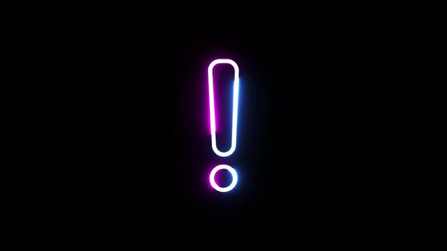 Neon exclamation mark icon flashing with vibrant blue and pink glow on black background.
