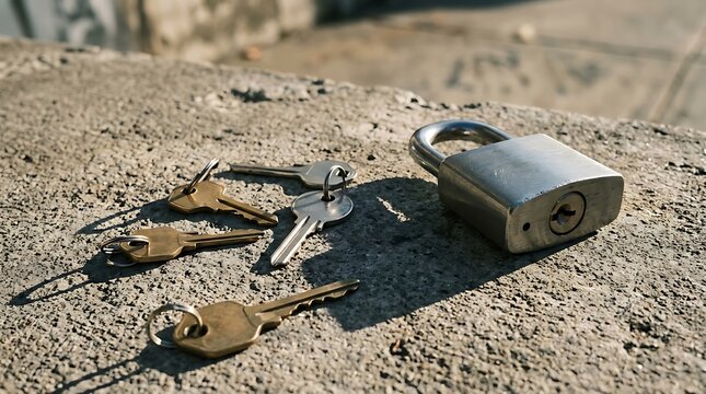Metal Padlock and Old Keys Resting on Rough Concrete Surface for Security Concept