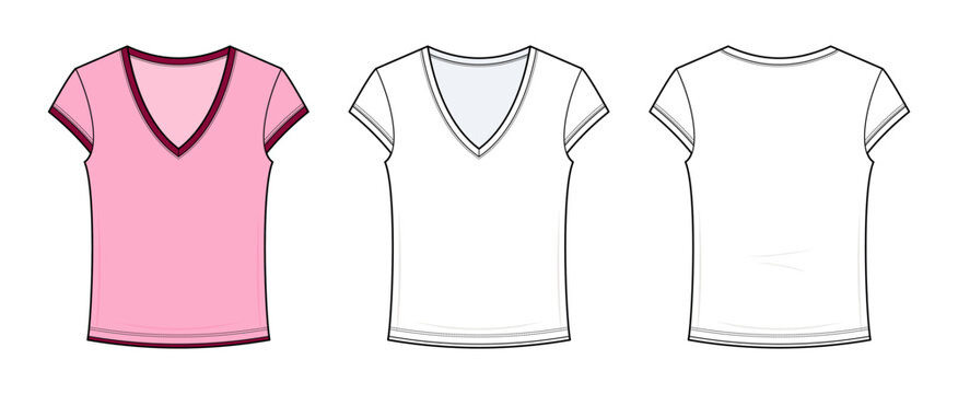 V-Neck Cap Sleeve Baby Tee Technical Fashion Illustration. Regular Fit Knit T-Shirt Vector Template. Front and Back View. Women&rsquo;s Apparel. Jersey Knit. CAD Mockup Set.