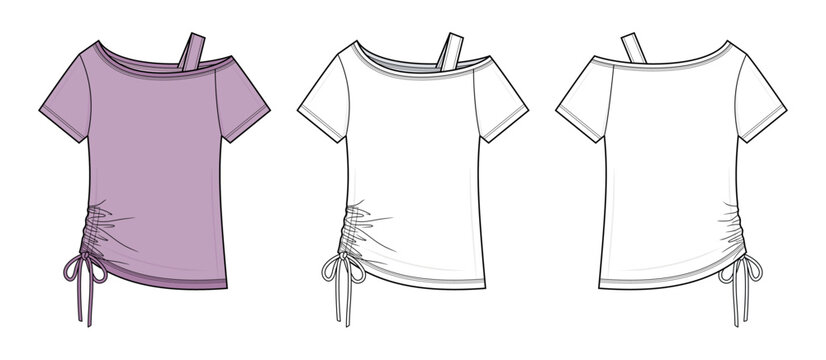 Asymmetric Ruched Top Technical Fashion Illustration. Right Shoulder Strap, Side Gathered Detail and Drawstring Hem Short Sleeve Blouse Vector Template. Front and Back View. Women&rsquo;s Apparel.