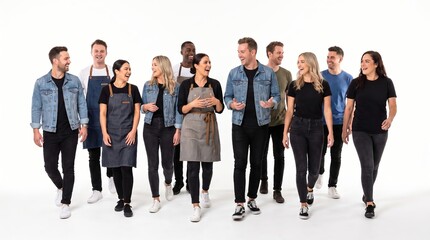 Obraz premium Group of diverse hospitality workers and restaurant staff laughing together on white background