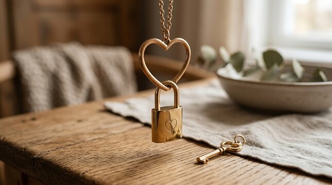 Heart pendant with gold padlock and key on rustic wooden table representing love and security