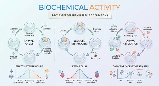 Biochemical Activity Cycle Illustrating Enzyme Metabolism and Factors Affecting Processes