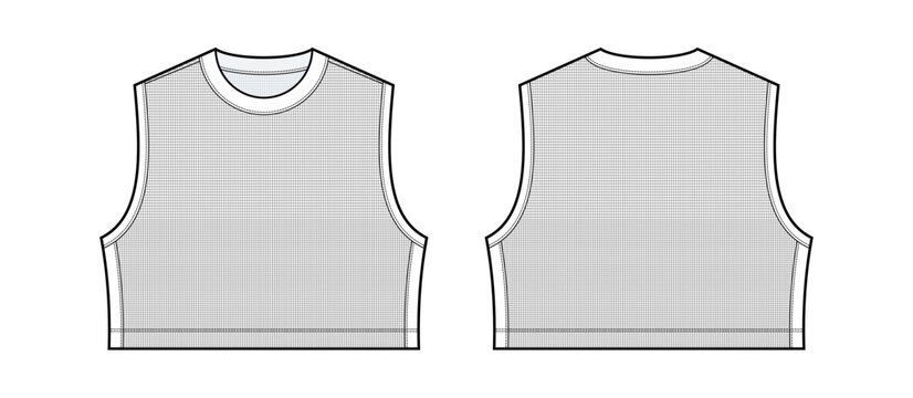 Sleeveless Mesh Crop Top Technical Fashion Illustration. Athletic Tank Top with Crew Neck and Contrast Armhole Binding Vector Template. Front and Back View. Unisex Apparel. Mesh Fabric. CAD Mockup Set