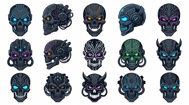 Cyberpunk robot skull collection, 15 futuristic cyborg head icons, dark mechanical skull set with glowing neon eyes for gaming and tech
