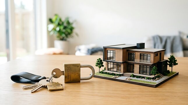 Safeguarding Your Property House Model, Padlock, and Keys Symbolizing Home Security