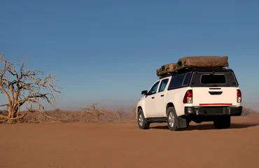 White 4x4 pickup truck with rooftop tents parked in the desert. Modern overland vehicle on a safari camping trip adventure. Off-road transport near a lonely tree in a scenic nature landscape.  © Yuliia Lakeienko