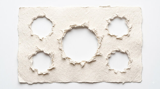 Handmade paper sheet with torn circular holes, textured white parchment with rough edges, minimalist craft paper background for design