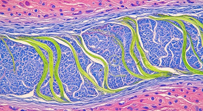 Microscopic histology cross section of nerve fibers and tissue sample