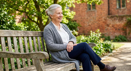 Fototapeta premium Cheerful Senior Woman Sitting on Wooden Bench in Garden