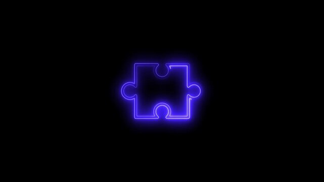 Glowing neon puzzle piece icon animation on dark background. Bright outline style symbolizing problem solving, solution, teamwork, connection and strategy. Perfect for business concepts, education