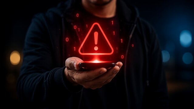 Cyber Security Warning Alert on Smartphone Screen, Data Breach Risk and Digital Threat Protection Concept