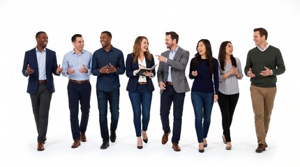 Obraz premium Diverse group of professional business people walking and talking together on white background