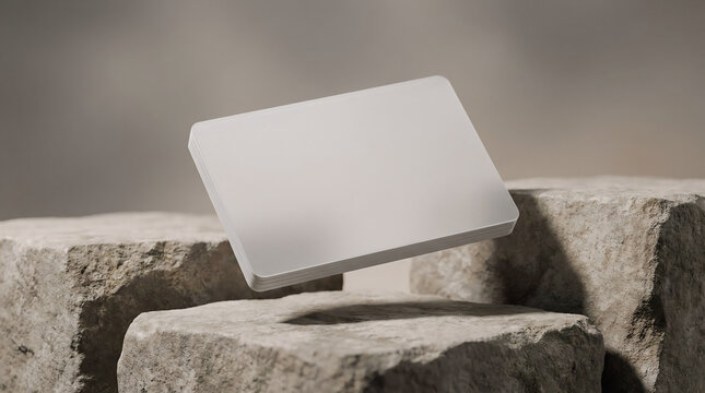 A floating blank white plastic id card design template presented above natural textured stones in a minimalist studio setting for professional branding