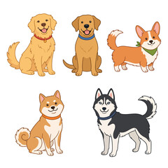 Fototapeta premium Cute Cartoon Dogs and Puppies Illustration for Pets and Animals.