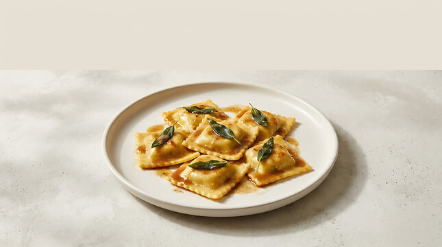 Gourmet Italian Ravioli Pasta with Brown Butter and Crispy Fried Sage Sauce on Ceramic Plate
