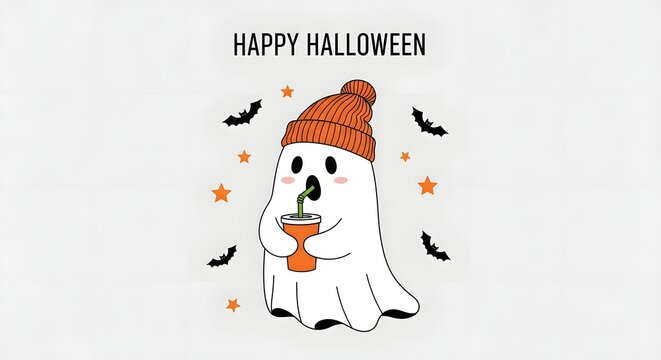 Happy halloween greeting card with cute ghost drinking coffee isolated on white background