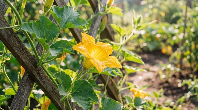 Vibrant yellow squash blossom opens on a vine in a sunlit garden.