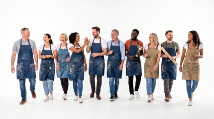 Obraz premium Diverse group of happy people in aprons walking together on white background