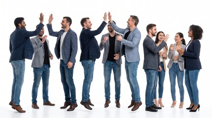 Obraz premium Diverse business team celebrating with high fives and success on white background