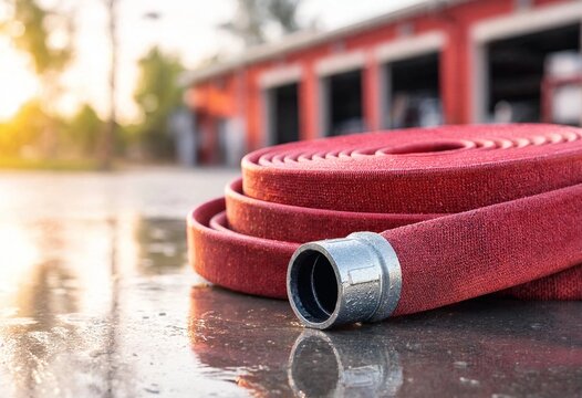Red fire hose coiled on wet reflective pavement after rain, featuring detailed metal coupling, water droplets, natural warm light, and soft background bokeh.