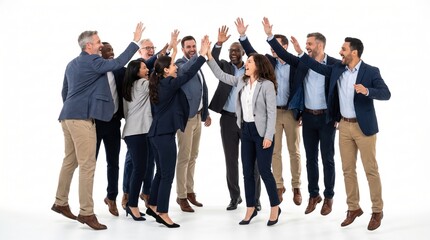 Obraz premium Diverse business team high fiving together, professional group celebrating corporate success
