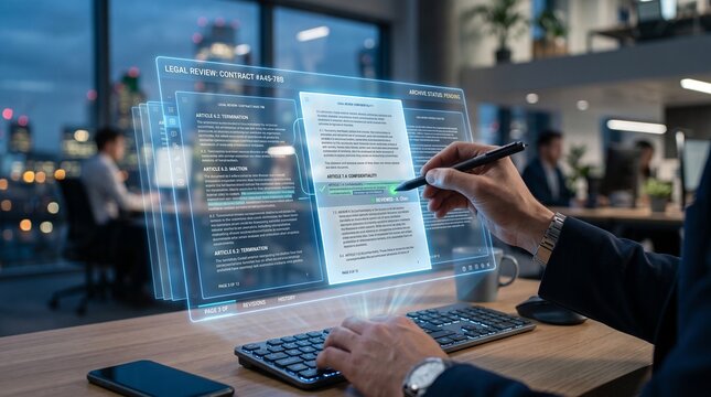 Hand reviewing legal contract on holographic digital display with keyboard