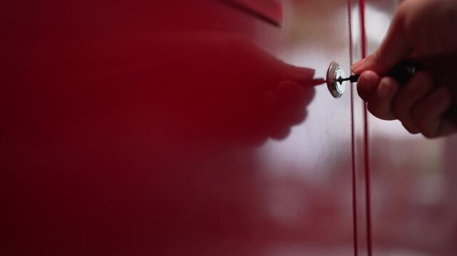 Close up of woman hand pushing red locker door shut, locking it with key, and struggling to pull stuck key out, key removal concept.⁠
