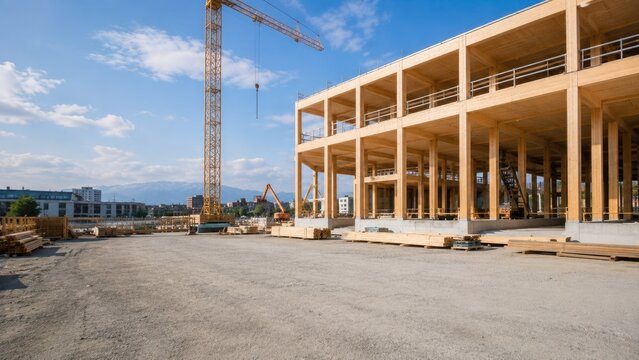 Modern Mass Timber Building Under Construction With Tower Crane at Urban Development Site