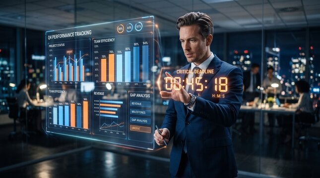 Business analyzing data visualization on a transparent digital display