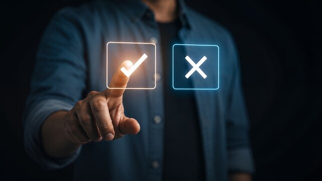 Decision Making Concept with Checkmark and Cross Icons, Approval, Selection and User Choice Interface