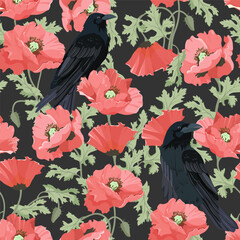 Naklejka premium Delicate poppies and crows combine to create a stunning vector illustration that would be perfect for decorating textiles or packaging.