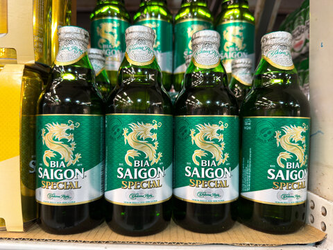Da Nang, Vietnam - July 29, 2026: Bia Saigon Special Beer Bottles Close Up View