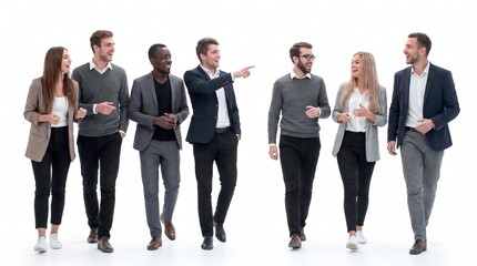 Fototapeta premium Diverse business team walking and talking together isolated on white background