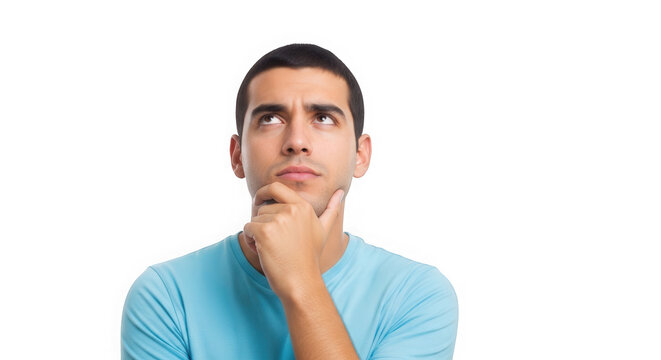 Young man thinking and looking up with hand on his chin isolated on transparent background