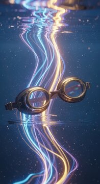 Swimming Goggles Floating in Water with Colorful Light Trails.