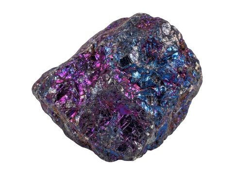 Mineral stone displaying iridescent purple and blue metallic colors sits on a white backdrop.