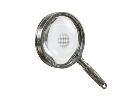 Magnifying glass made of chrome metal stands isolated against a clean white background.