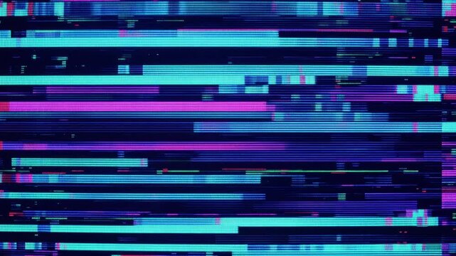 Abstract digital pixel noise with colorful glitch distortions, corrupted video damage, fragmented scanlines, electronic artifacts, 4K video