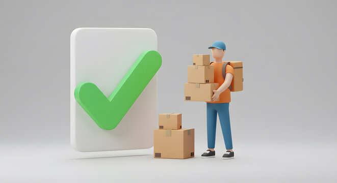 Man with Boxes and Large Check Mark
