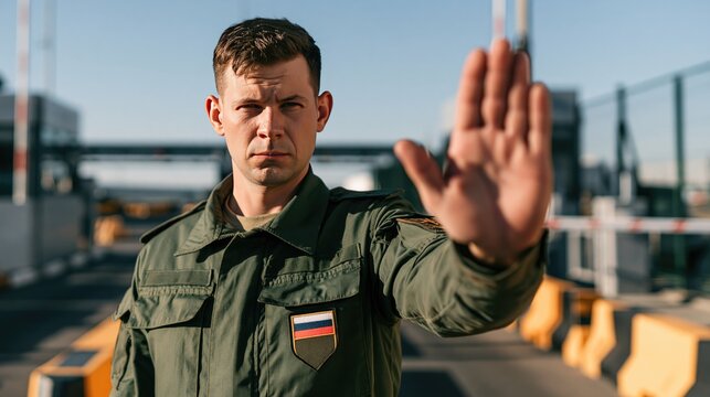 Security and Compliance officer stopping traffic at checkpoint, Russian military police enforcing safety rules and regulations