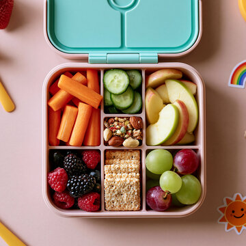 Children Healthy Lunch Box with Fresh Fruit Vegetables and Whole Grain Snacks