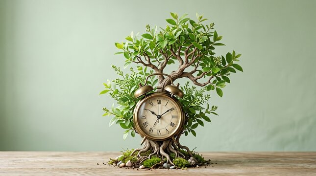 Lush ornamental tree growing around a classic vintage clock, artistic nature and time concept symbolizing balance, growth, longevity, sustainability and renewal
