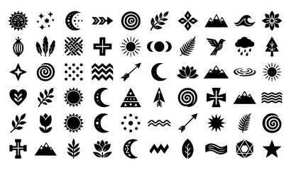 Fototapeta premium Primitive Folk Cutout Geometric Icon Collection in Black and White Vector Style
